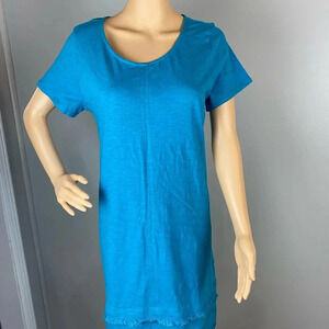 Soft Surroundings Womens Medium 100% Cotton Teal Aqua Short Sleeve Fringe Dress